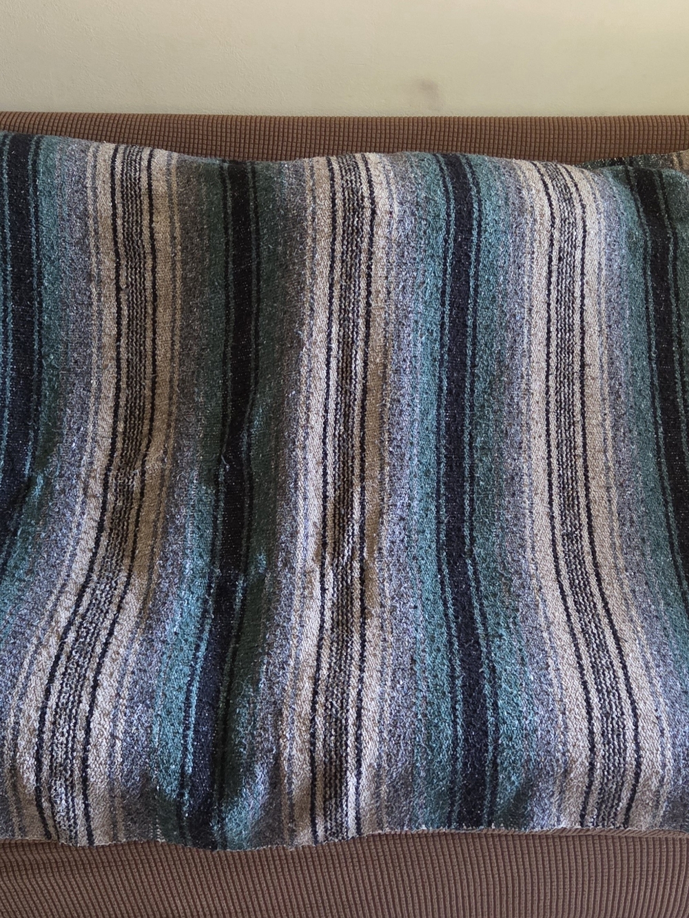 Vintage Mexican Falsa Blanket Hand Woven Fringe Large Green Navy Beige w Fringe